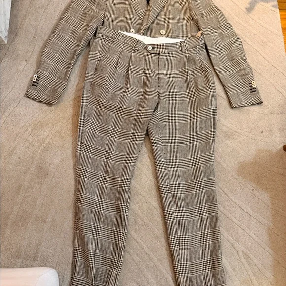 Massimo Dutti Brown Plaid Double-Breasted 100% Linen Suit - Picture 6 of 10